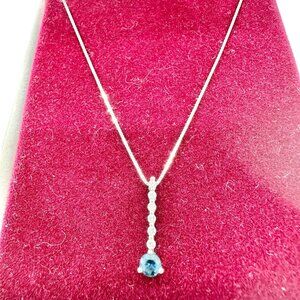 Zales Necklace 14kt White Gold Blue Sapphire and Diamonds Pendant 18 inch in Box